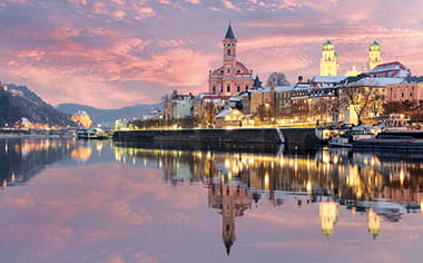 Passau in winter at sunset, Germany Passau in winter at sunset, Germany